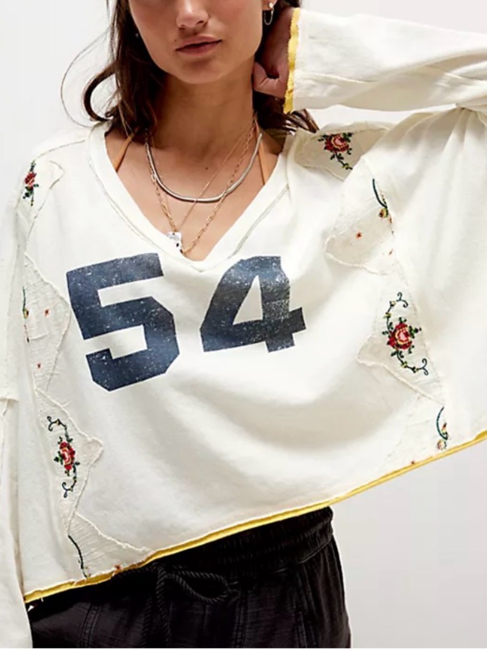 We The Free Cream V-Neck Long Sleeve Top with Navy '54' Graphic